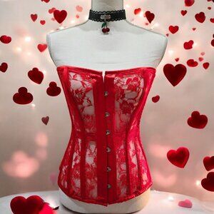 Dolls Kill ✦ Lavish Red Lace Corset ✦ Strapless Boned Hook Closure Lace‑Up Back